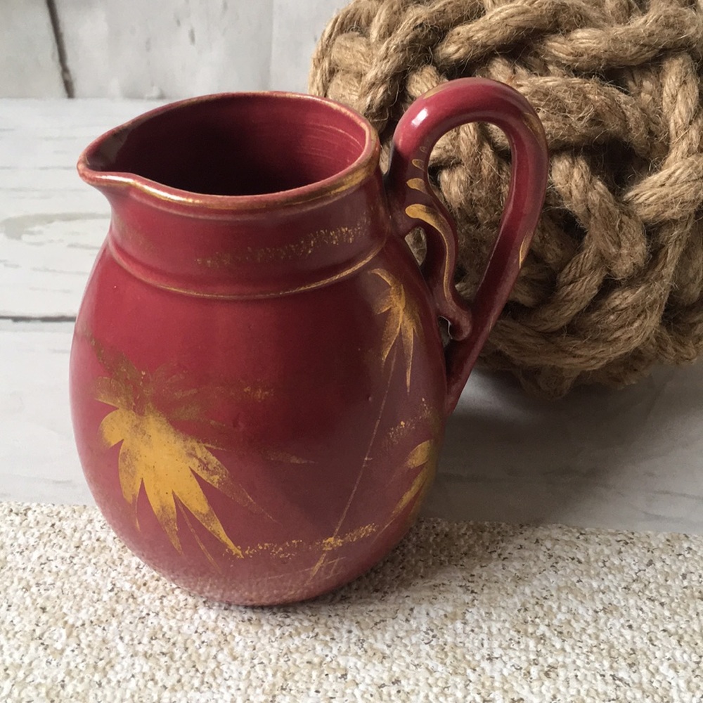 Vintage MCM Maroon Gold Leaf Pitcher Creamer Planter Palm Tree